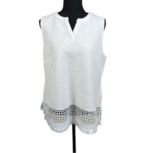 Liz Claiborne Ibiza Waves Sleeveless Lace and Fringe Hem blouse in White Size L